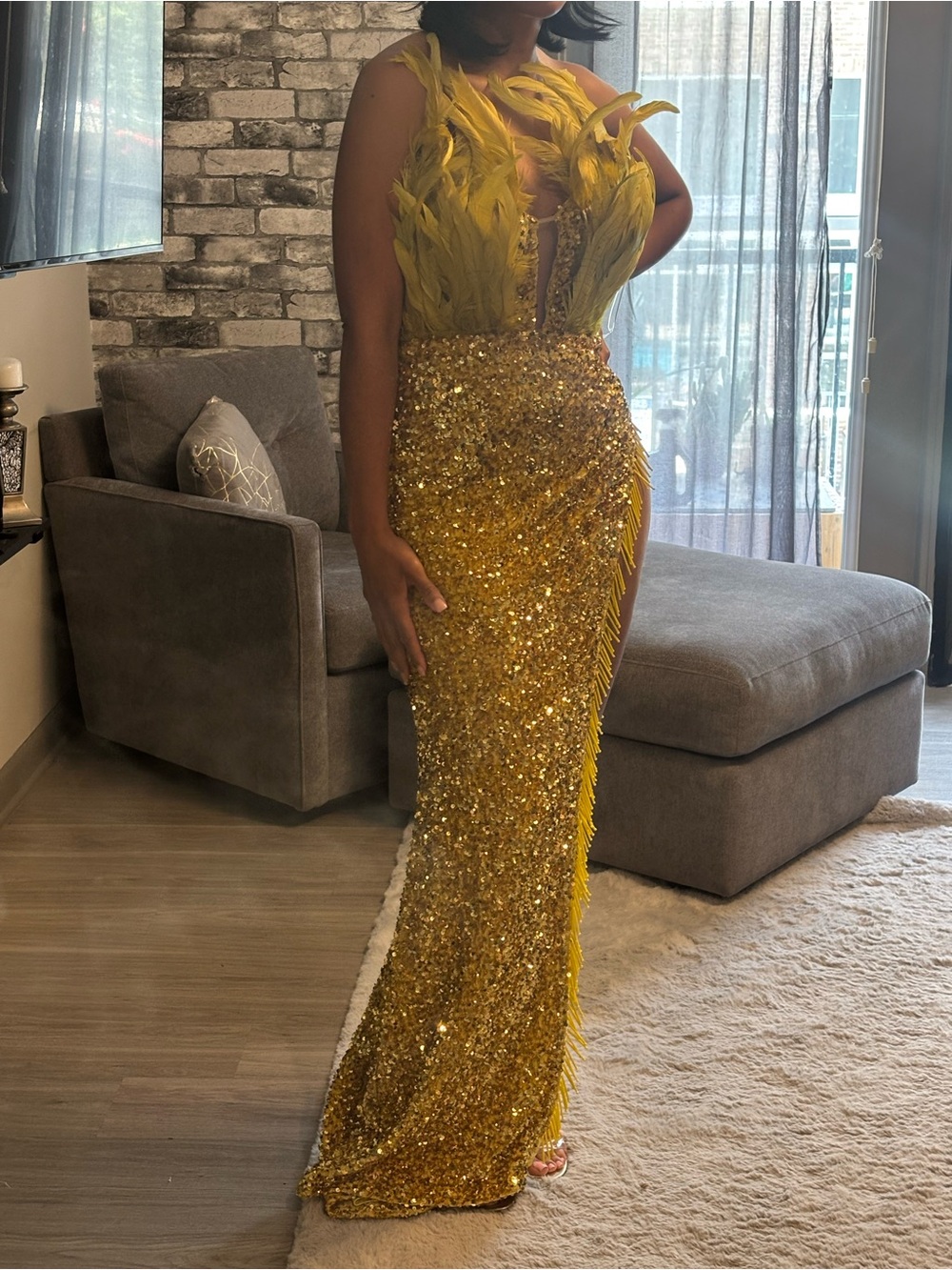 Fashion Nova Yellow Feathered Sequin Maxi Dress - Picture 4 of 6